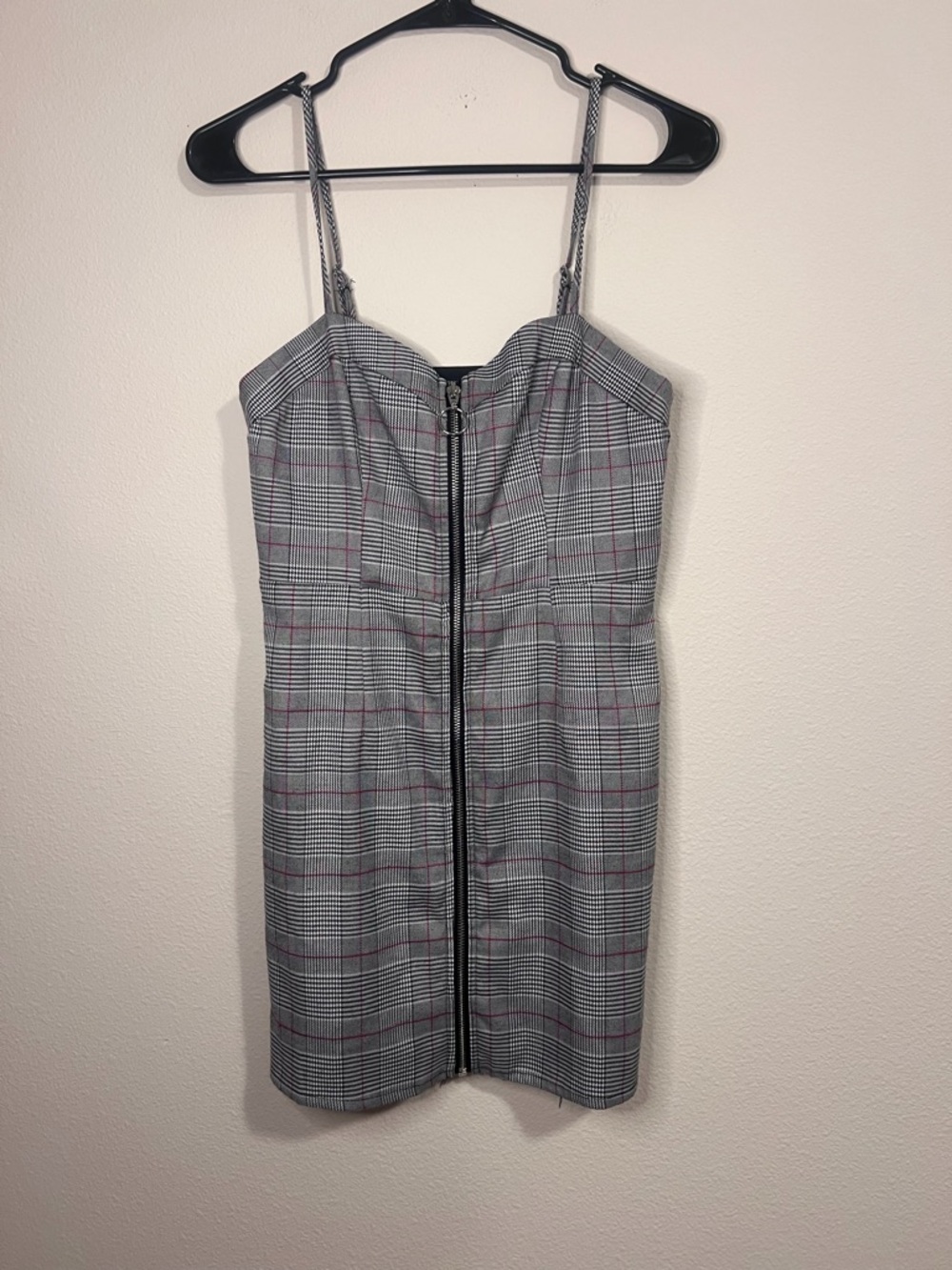 Forever 21 Gray Plaid Zip-Front Spaghetti Strap Mini Dress